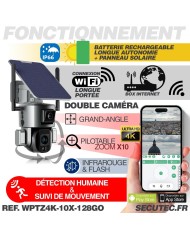 Double caméra pilotable solaire Wifi Ultra HD 4K waterproof Zoom X10 autotracking IR détection de mouvement avec alarme et sirèn