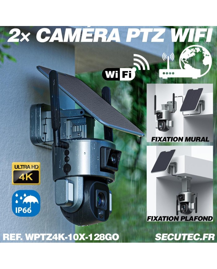 Double caméra pilotable solaire Wifi Ultra HD 4K waterproof Zoom X10 autotracking IR détection de mouvement avec alarme et sirèn