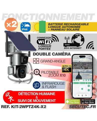 Kit de 2 Doubles caméras pilotables solaires Wifi Ultra HD 4K waterproof Zoom X10 autotracking IR détection de mouvement avec al Kit de 2 Doubles caméras pilotables solaires Wifi Ultra HD 4K waterproof Zoom X10 autotracking IR détection de mouvement avec al