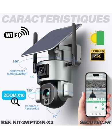 Kit de 2 Doubles caméras pilotables solaires Wifi Ultra HD 4K waterproof Zoom X10 autotracking IR détection de mouvement avec al Kit de 2 Doubles caméras pilotables solaires Wifi Ultra HD 4K waterproof Zoom X10 autotracking IR détection de mouvement avec al