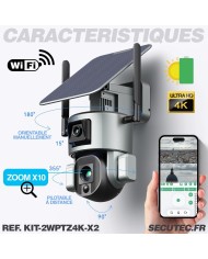 Kit de 2 Doubles caméras pilotables solaires Wifi Ultra HD 4K waterproof Zoom X10 autotracking IR détection de mouvement avec al Kit de 2 Doubles caméras pilotables solaires Wifi Ultra HD 4K waterproof Zoom X10 autotracking IR détection de mouvement avec al