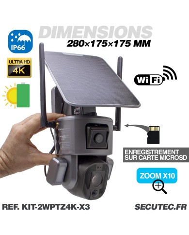 Kit de 3 Doubles caméras pilotables solaires Wifi Ultra HD 4K waterproof Zoom X10 autotracking IR détection de mouvement avec al Kit de 3 Doubles caméras pilotables solaires Wifi Ultra HD 4K waterproof Zoom X10 autotracking IR détection de mouvement avec al