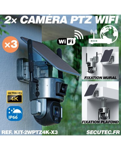 Kit de 3 Doubles caméras pilotables solaires Wifi Ultra HD 4K waterproof Zoom X10 autotracking IR détection de mouvement avec al Kit de 3 Doubles caméras pilotables solaires Wifi Ultra HD 4K waterproof Zoom X10 autotracking IR détection de mouvement avec al