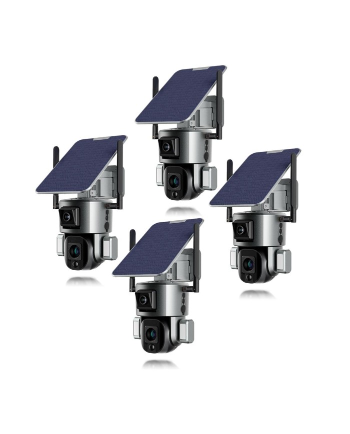 Kit de 4 Doubles caméras pilotables solaires Wifi Ultra HD 4K waterproof Zoom X10 autotracking IR détection de mouvement avec al Kit de 4 Doubles caméras pilotables solaires Wifi Ultra HD 4K waterproof Zoom X10 autotracking IR détection de mouvement avec al
