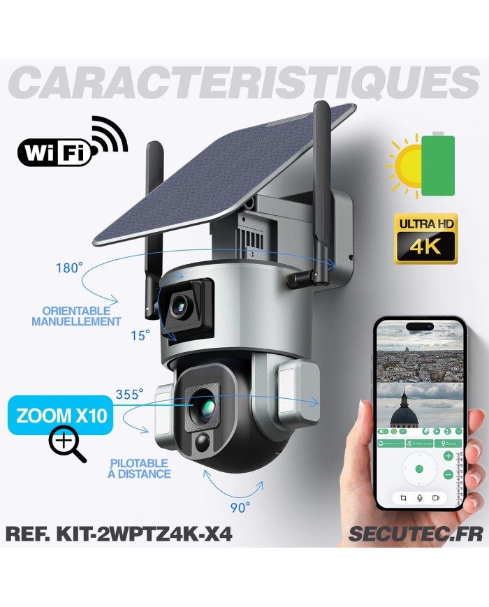 Kit de 4 Doubles caméras pilotables solaires Wifi Ultra HD 4K waterproof Zoom X10 autotracking IR détection de mouvement avec al Kit de 4 Doubles caméras pilotables solaires Wifi Ultra HD 4K waterproof Zoom X10 autotracking IR détection de mouvement avec al