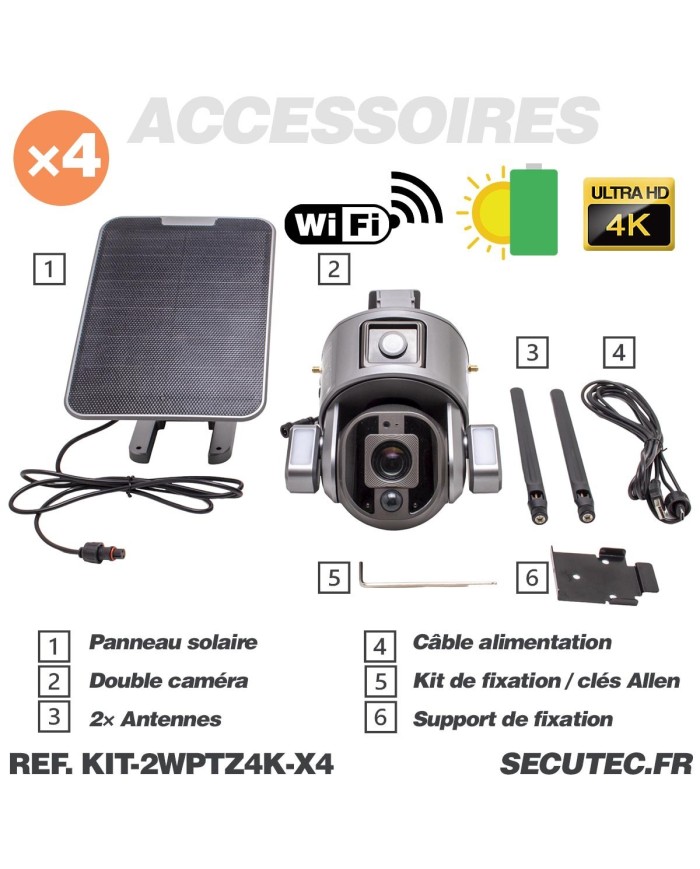 Kit de 4 Doubles caméras pilotables solaires Wifi Ultra HD 4K waterproof Zoom X10 autotracking IR détection de mouvement avec al Kit de 4 Doubles caméras pilotables solaires Wifi Ultra HD 4K waterproof Zoom X10 autotracking IR détection de mouvement avec al