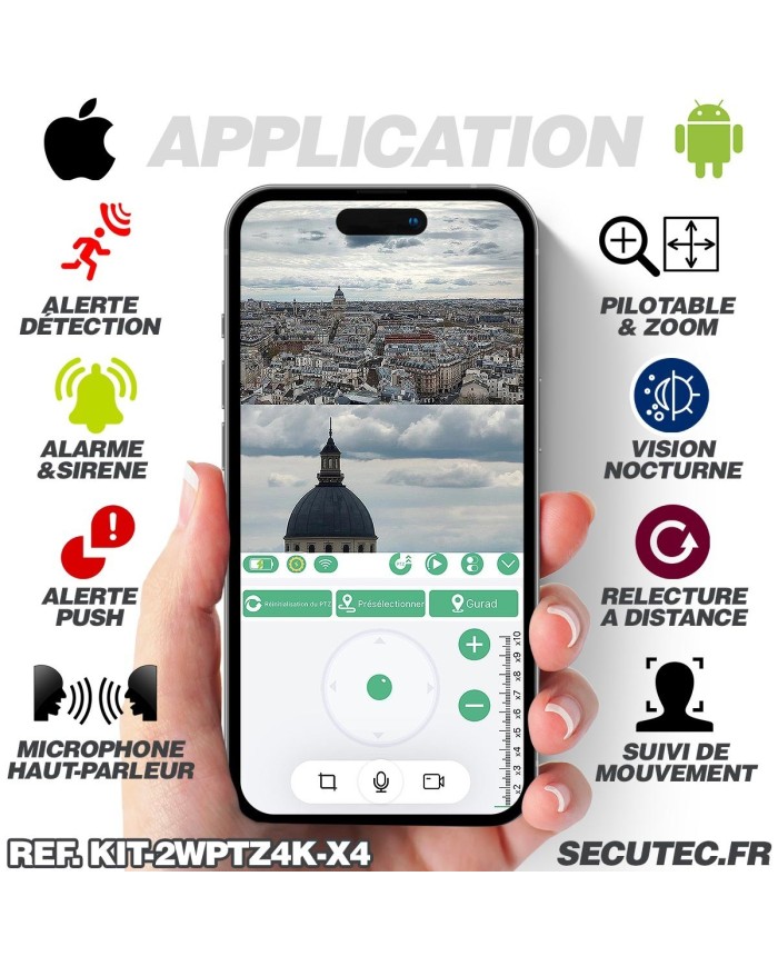 Kit de 4 Doubles caméras pilotables solaires Wifi Ultra HD 4K waterproof Zoom X10 autotracking IR détection de mouvement avec al Kit de 4 Doubles caméras pilotables solaires Wifi Ultra HD 4K waterproof Zoom X10 autotracking IR détection de mouvement avec al