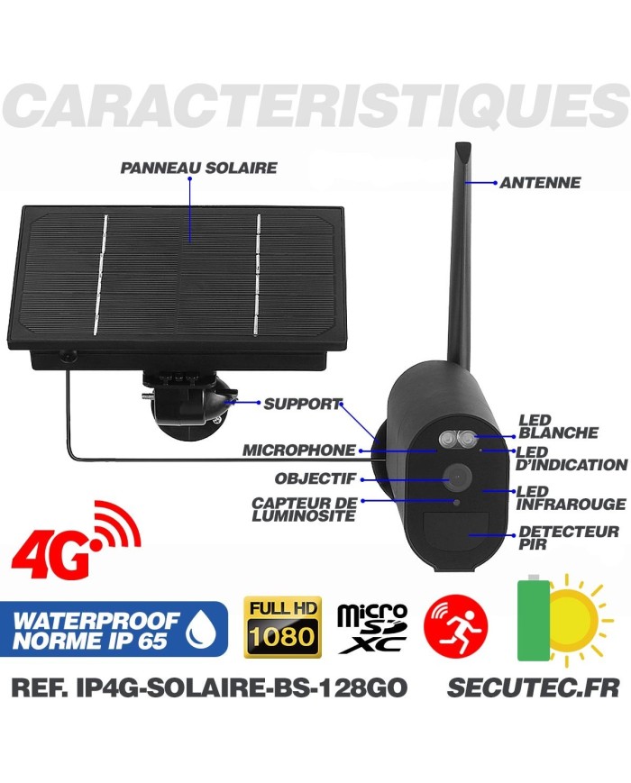 Caméra 4G autonome solaire enregistrement HD 1080P détection PIR sur carte micro SD 128Go