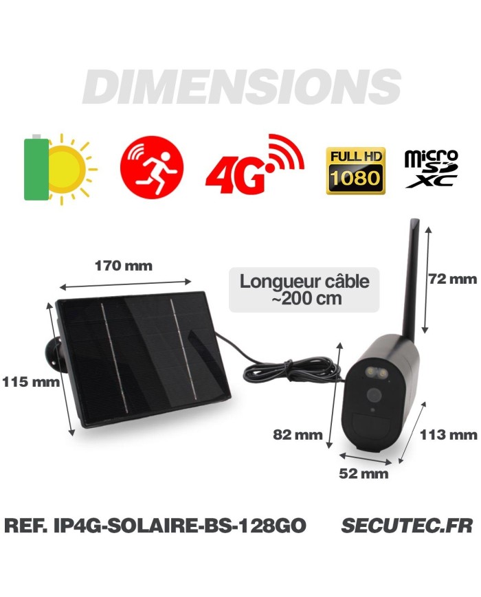 Caméra 4G autonome solaire enregistrement HD 1080P détection PIR sur carte micro SD 128Go