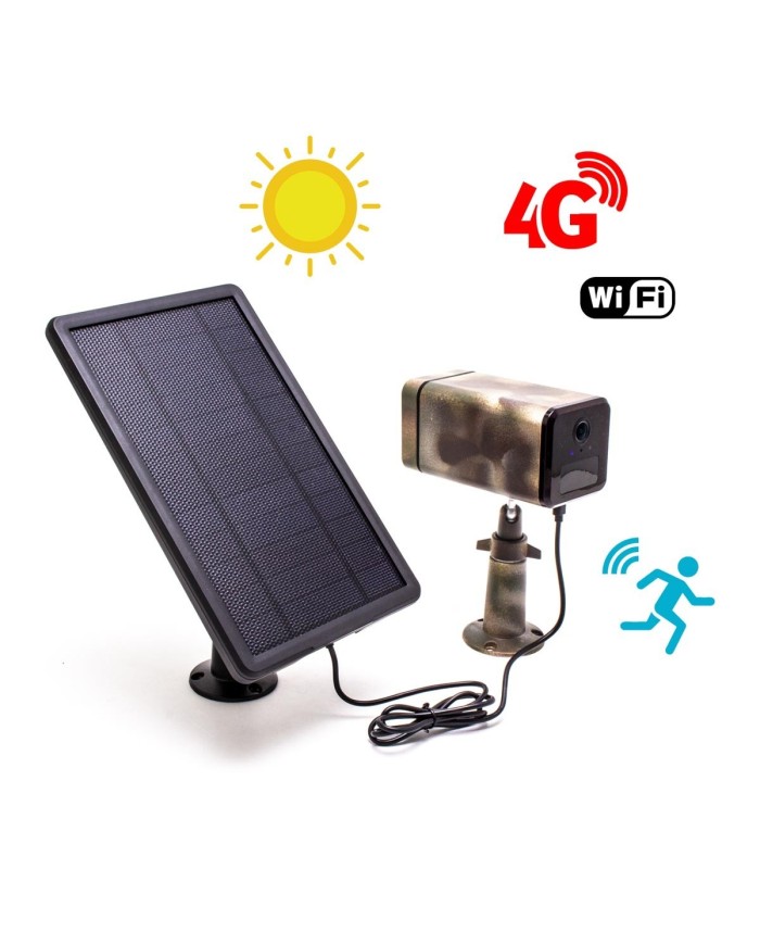 Caméra camouflage autonome solaire connexion 4G ou WiFi enregistrement HD 1080P détection PIR serveur cloud ou MicroSDHC 128 Go