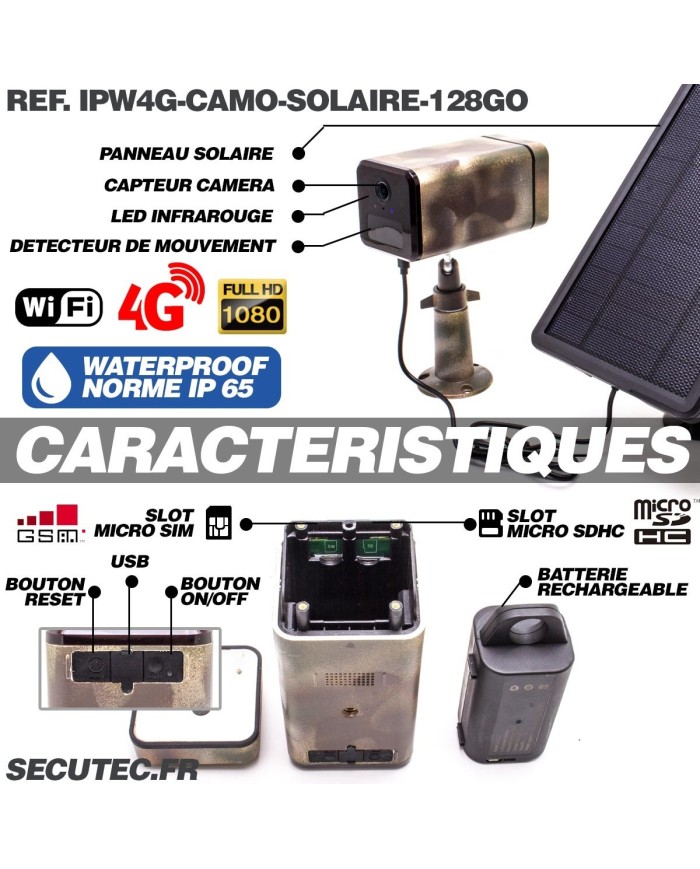 Caméra camouflage autonome solaire connexion 4G ou WiFi enregistrement HD 1080P détection PIR serveur cloud ou MicroSDHC 128 Go