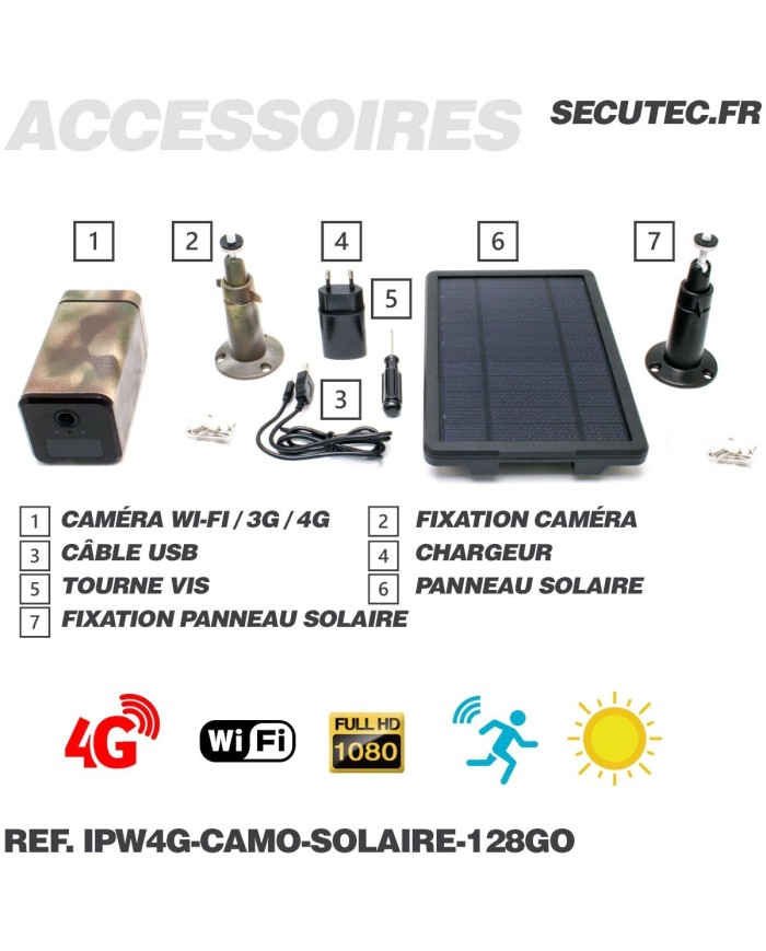 Caméra camouflage autonome solaire connexion 4G ou WiFi enregistrement HD 1080P détection PIR serveur cloud ou MicroSDHC 128 Go