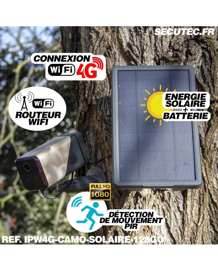 Caméra camouflage autonome solaire connexion 4G ou WiFi enregistrement HD 1080P détection PIR serveur cloud ou MicroSDHC 128 Go