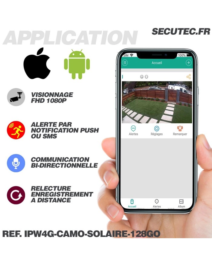 Caméra camouflage autonome solaire connexion 4G ou WiFi enregistrement HD 1080P détection PIR serveur cloud ou MicroSDHC 128 Go