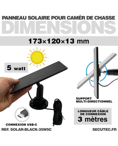 Panneau solaire 5W pour caméra de chasse connexion USB-C longueur 3 mètres Panneau solaire 5W pour caméra de chasse connexion USB-C longueur 3 mètres