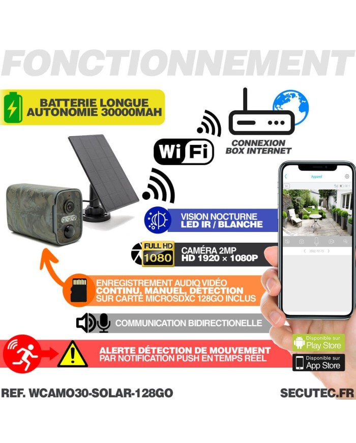 Caméra camouflage solaire WiFi 1080P vision nocturne invisible 128Go ultra longue autonomie détection de mouvement Caméra camouflage solaire WiFi 1080P vision nocturne invisible 128Go ultra longue autonomie détection de mouvement