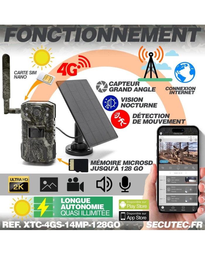 Caméra solaire de chasse 4G vidéo UHD 2K et photo 14 Mpx vision nocturne longue autonomie audio vidéo en direct détection de mou Caméra solaire de chasse 4G vidéo UHD 2K et photo 14 Mpx vision nocturne longue autonomie audio vidéo en direct détection de mou