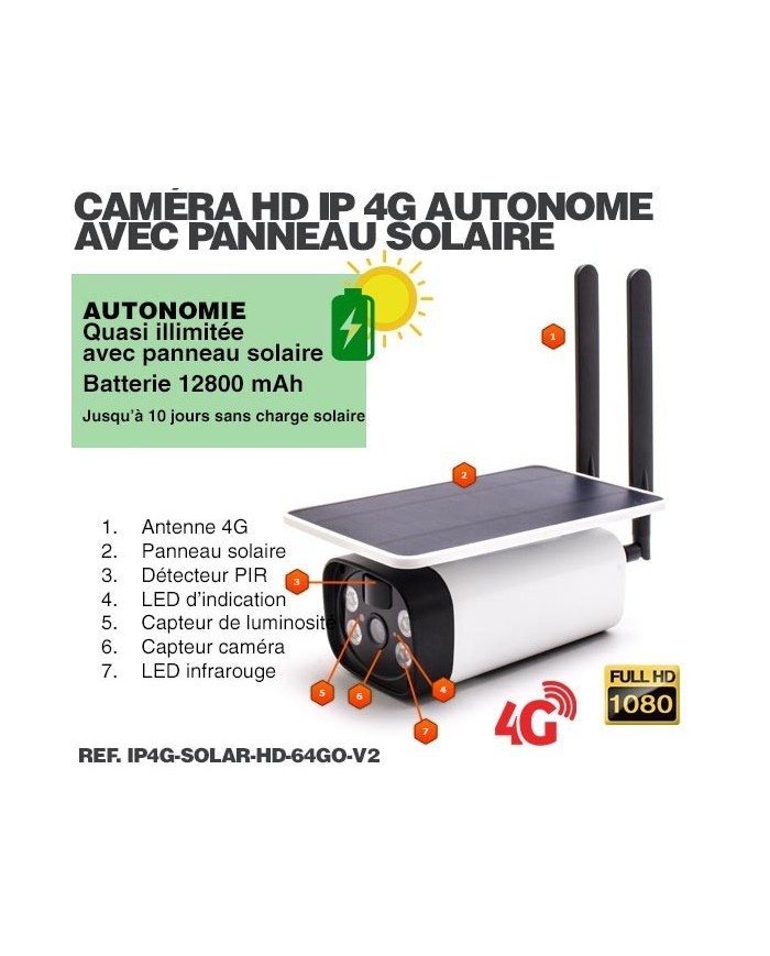 Caméra solaire IP GSM 4G HD 1080P, waterproof, Infrarouge, accès à distance via iPhone, Android et PC