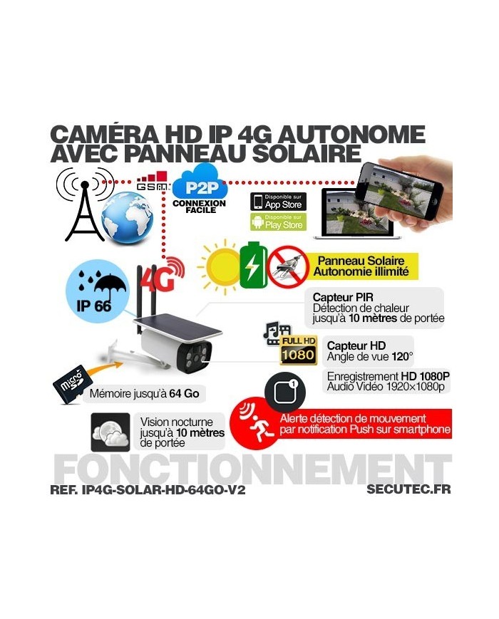 Caméra solaire IP GSM 4G HD 1080P, waterproof, Infrarouge, accès à distance via iPhone, Android et PC