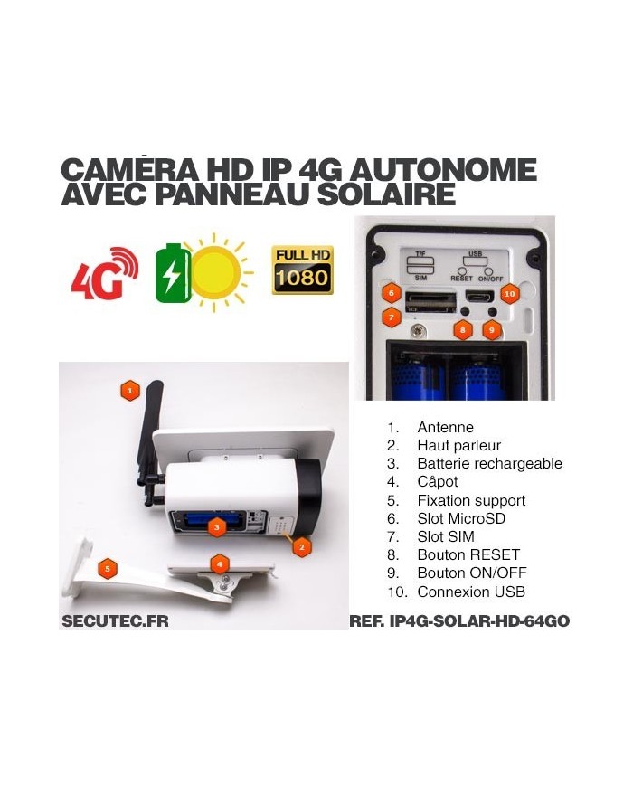 Caméra solaire IP GSM 4G HD 1080P, waterproof, Infrarouge, accès à distance via iPhone, Android et PC