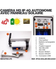 Caméra solaire IP GSM 4G HD 1080P, waterproof, Infrarouge, accès à distance via iPhone, Android et PC