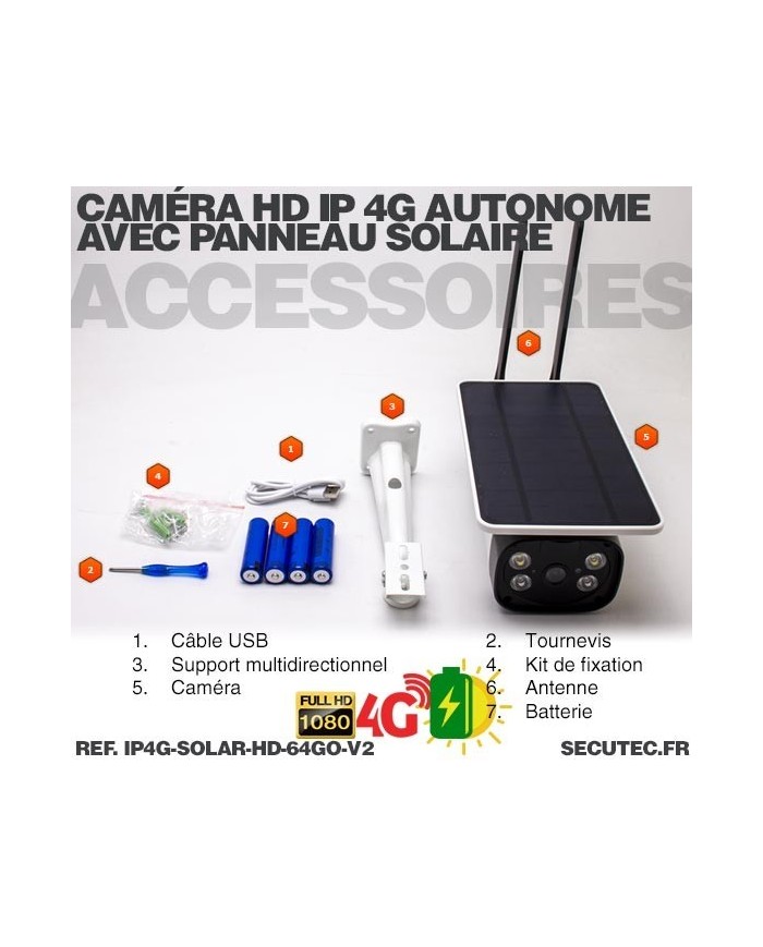 Caméra solaire IP GSM 4G HD 1080P, waterproof, Infrarouge, accès à distance via iPhone, Android et PC