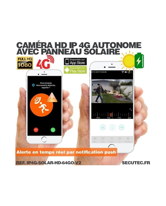 Caméra solaire IP GSM 4G HD 1080P, waterproof, Infrarouge, accès à distance via iPhone, Android et PC