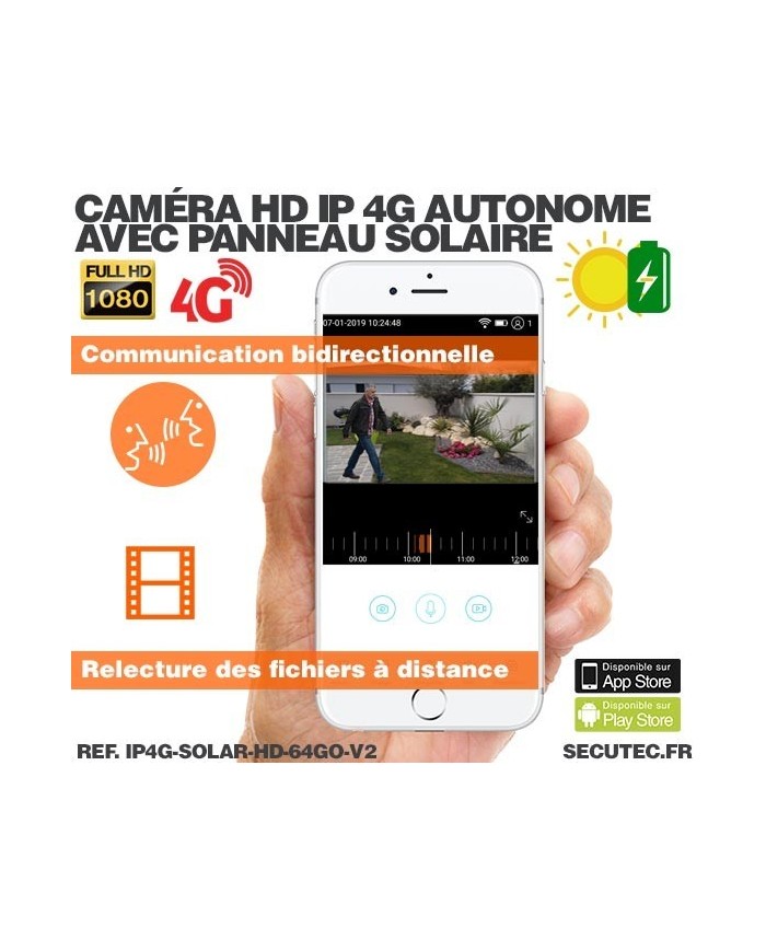 Caméra solaire IP GSM 4G HD 1080P, waterproof, Infrarouge, accès à distance via iPhone, Android et PC