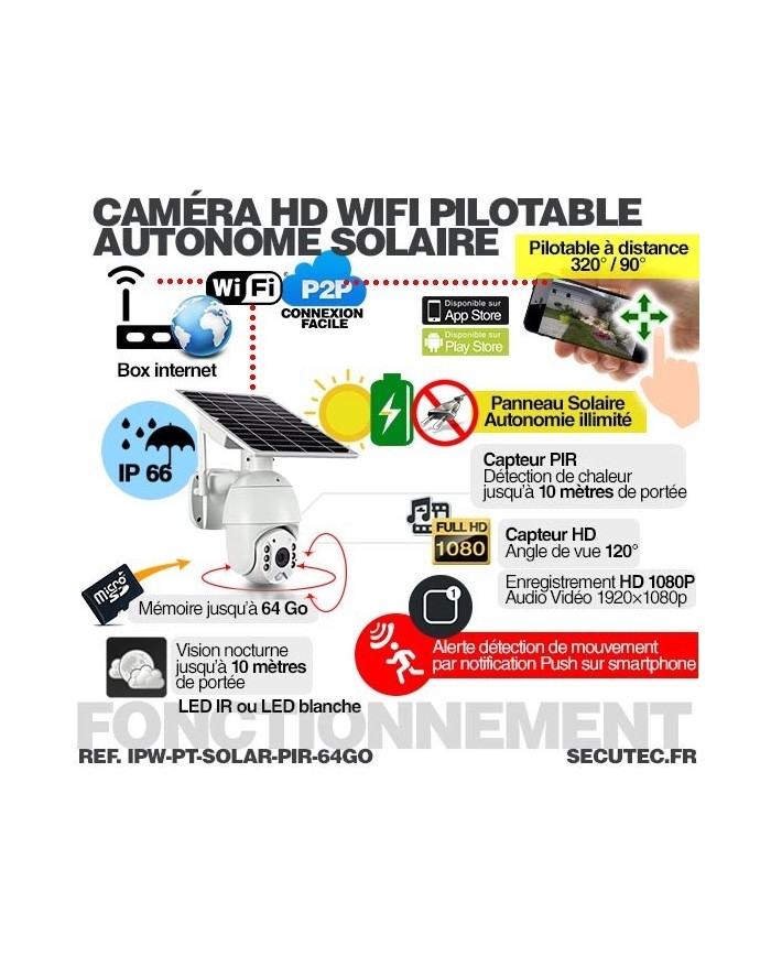 Caméra pilotable solaire IP Wifi HD 1080P waterproof Infrarouge accès à distance via iPhone Android 64 Go inclus