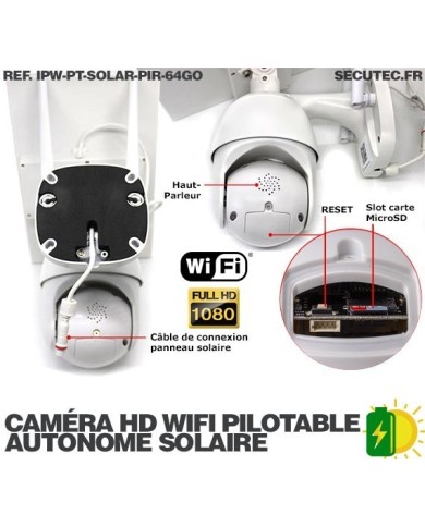 Caméra pilotable solaire IP Wifi HD 1080P waterproof Infrarouge accès à distance via iPhone Android 64 Go inclus Caméra pilotable solaire IP Wifi HD 1080P waterproof Infrarouge accès à distance via iPhone Android 64 Go inclus
