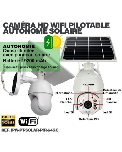 Caméra pilotable solaire IP Wifi HD 1080P waterproof Infrarouge accès à distance via iPhone Android 64 Go inclus Caméra pilotable solaire IP Wifi HD 1080P waterproof Infrarouge accès à distance via iPhone Android 64 Go inclus