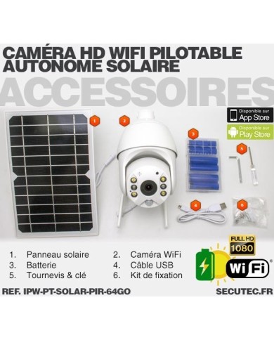 Caméra pilotable solaire IP Wifi HD 1080P waterproof Infrarouge accès à distance via iPhone Android 64 Go inclus Caméra pilotable solaire IP Wifi HD 1080P waterproof Infrarouge accès à distance via iPhone Android 64 Go inclus
