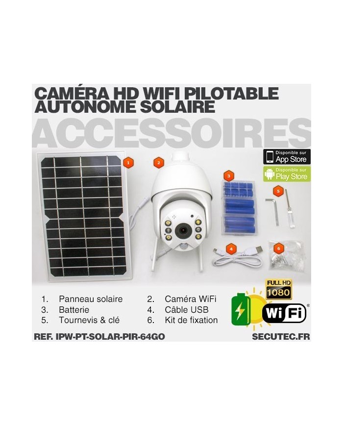 Caméra pilotable solaire IP Wifi HD 1080P waterproof Infrarouge accès à distance via iPhone Android 64 Go inclus