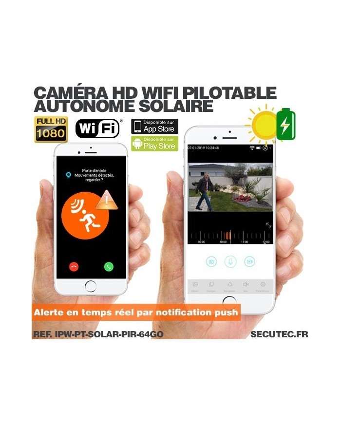 Caméra pilotable solaire IP Wifi HD 1080P waterproof Infrarouge accès à distance via iPhone Android 64 Go inclus