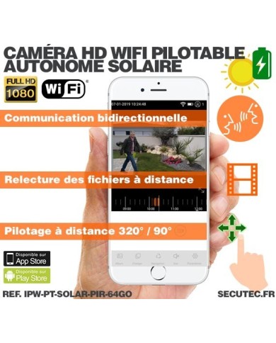 Caméra pilotable solaire IP Wifi HD 1080P waterproof Infrarouge accès à distance via iPhone Android 64 Go inclus Caméra pilotable solaire IP Wifi HD 1080P waterproof Infrarouge accès à distance via iPhone Android 64 Go inclus