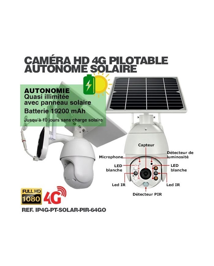 Caméra pilotable solaire IP GSM 4G HD 1080P waterproof Infrarouge accès à distance via iPhone Android 64 Go inclus