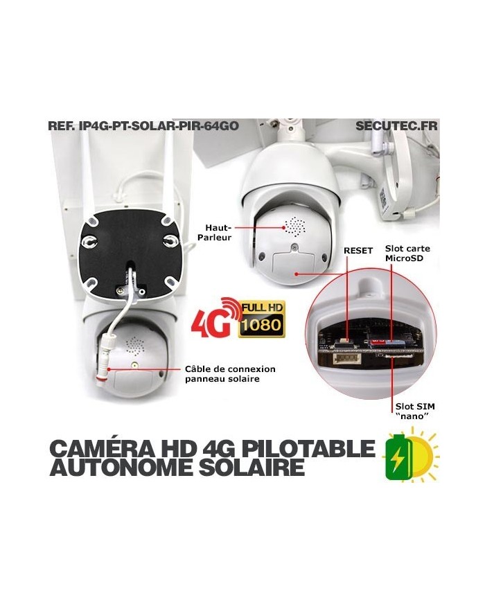 Caméra pilotable solaire IP GSM 4G HD 1080P waterproof Infrarouge accès à distance via iPhone Android 64 Go inclus