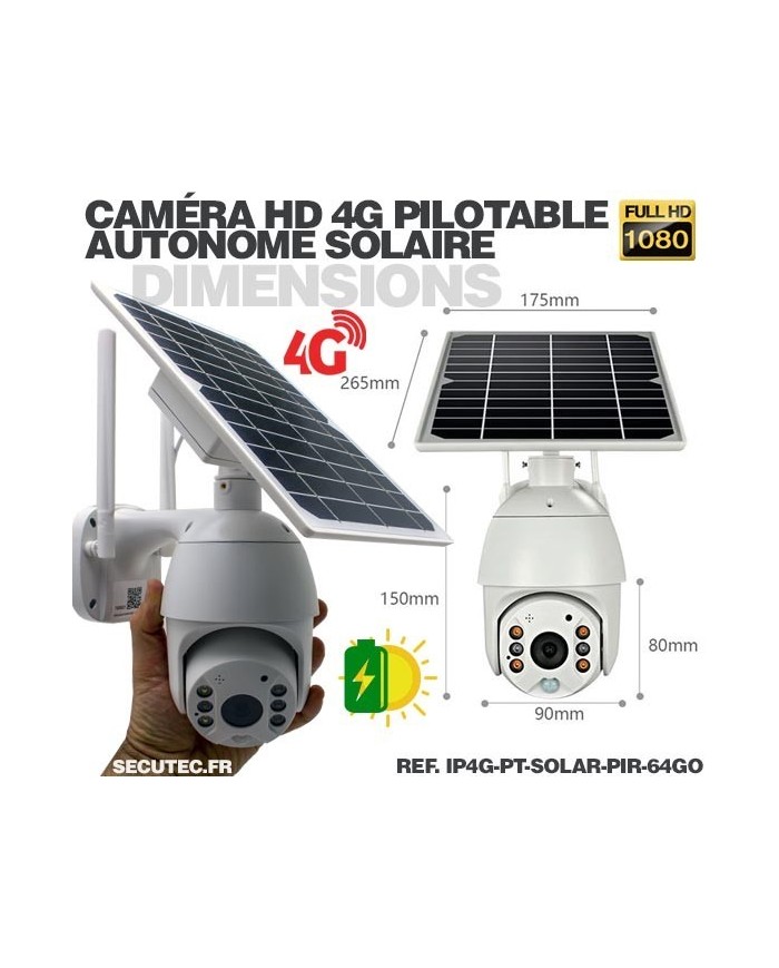 Caméra pilotable solaire IP GSM 4G HD 1080P waterproof Infrarouge accès à distance via iPhone Android 64 Go inclus