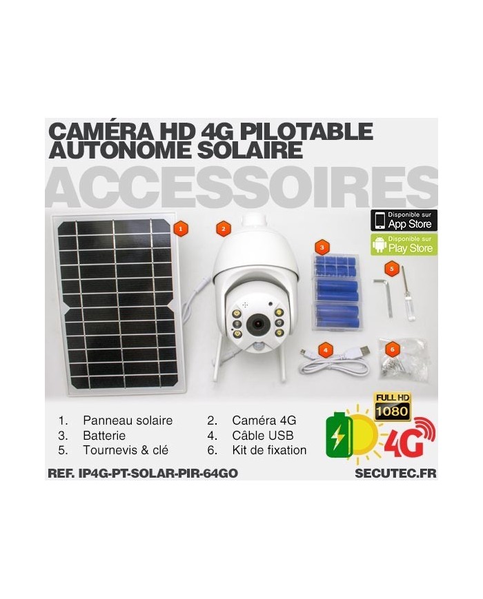 Caméra pilotable solaire IP GSM 4G HD 1080P waterproof Infrarouge accès à distance via iPhone Android 64 Go inclus