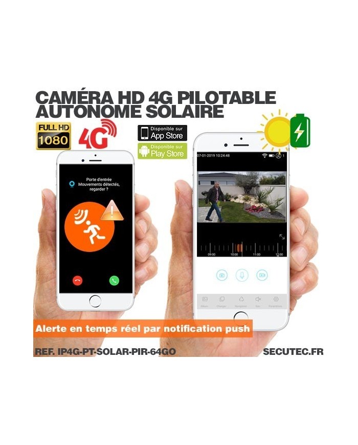 Caméra pilotable solaire IP GSM 4G HD 1080P waterproof Infrarouge accès à distance via iPhone Android 64 Go inclus