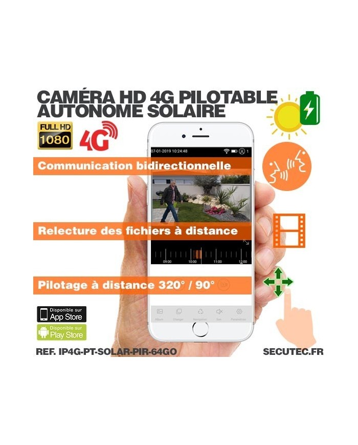 Caméra pilotable solaire IP GSM 4G HD 1080P waterproof Infrarouge accès à distance via iPhone Android 64 Go inclus