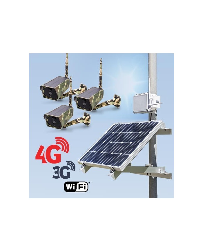 Kit vidéosurveillance 3G 4G autonome solaire avec 3 caméras camouflages solaires Wi-Fi HD 1080P