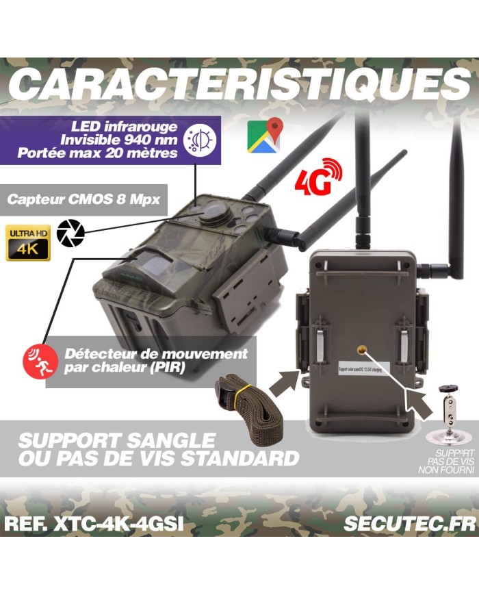 Caméra de chasse 4G UHD 4K IR invisible GPS avec panneau solaire Caméra de chasse 4G UHD 4K IR invisible GPS avec panneau solaire