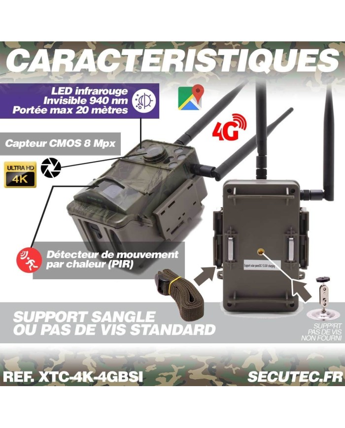 Caméra de chasse 4G Ultra HD 4K IR invisible GPS avec box anti-vandale et panneau solaire