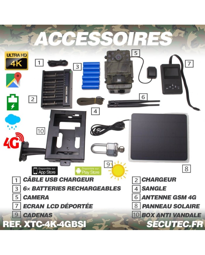 Caméra de chasse 4G Ultra HD 4K IR invisible GPS avec box anti-vandale et panneau solaire