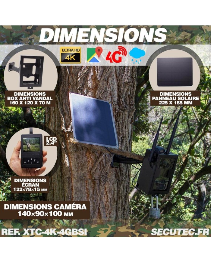 Caméra de chasse 4G Ultra HD 4K IR invisible GPS avec box anti-vandale et panneau solaire