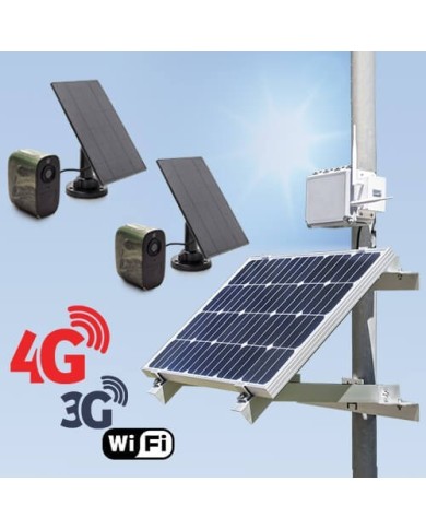 Kit de vidéosurveillance 3G 4G autonome solaire avec 2 caméras camouflages solaires WIFI très longue autonomie Kit de vidéosurveillance 3G 4G autonome solaire avec 2 caméras camouflages solaires WIFI très longue autonomie