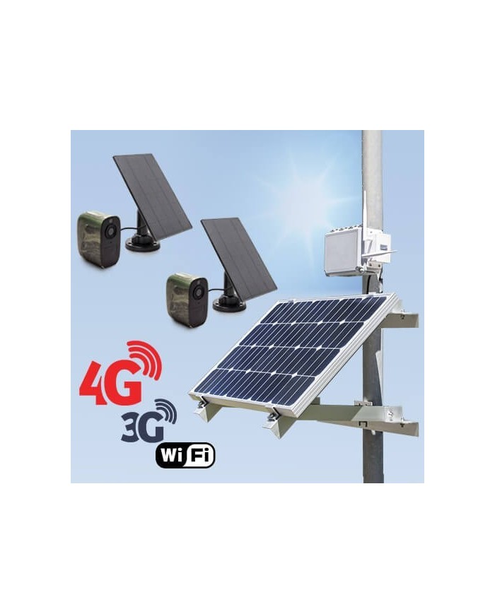 Kit de vidéosurveillance 3G 4G autonome solaire avec 2 caméras camouflages solaires WIFI très longue autonomie Kit de vidéosurveillance 3G 4G autonome solaire avec 2 caméras camouflages solaires WIFI très longue autonomie