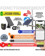 Kit de vidéosurveillance 3G 4G autonome solaire avec 3 caméras camouflages solaires WiFi très longue autonomie