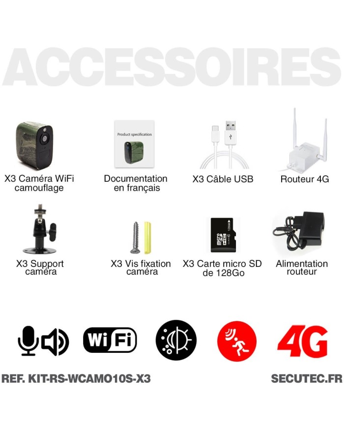 Kit de vidéosurveillance 3G 4G autonome solaire avec 3 caméras camouflages solaires WiFi très longue autonomie